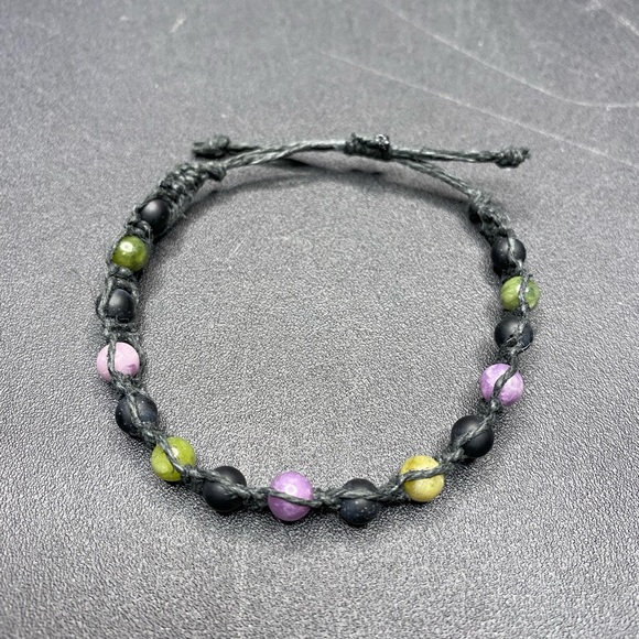 HANDMADE Purple Lepidolite, Matte Black Onyx, & Green Jade beads with Black Hemp - Picture 2 of 6